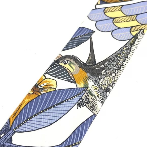 HERMES Bird pattern Twilly BandeauScarf Scarf silk White/blue - Picture 7 of 10